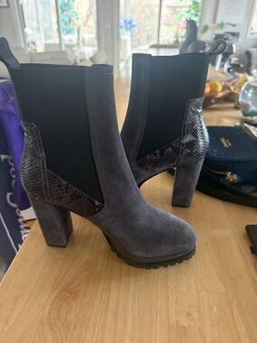 All Saints Gray Suede Block Heel Chelsea Boots with Textured Heel